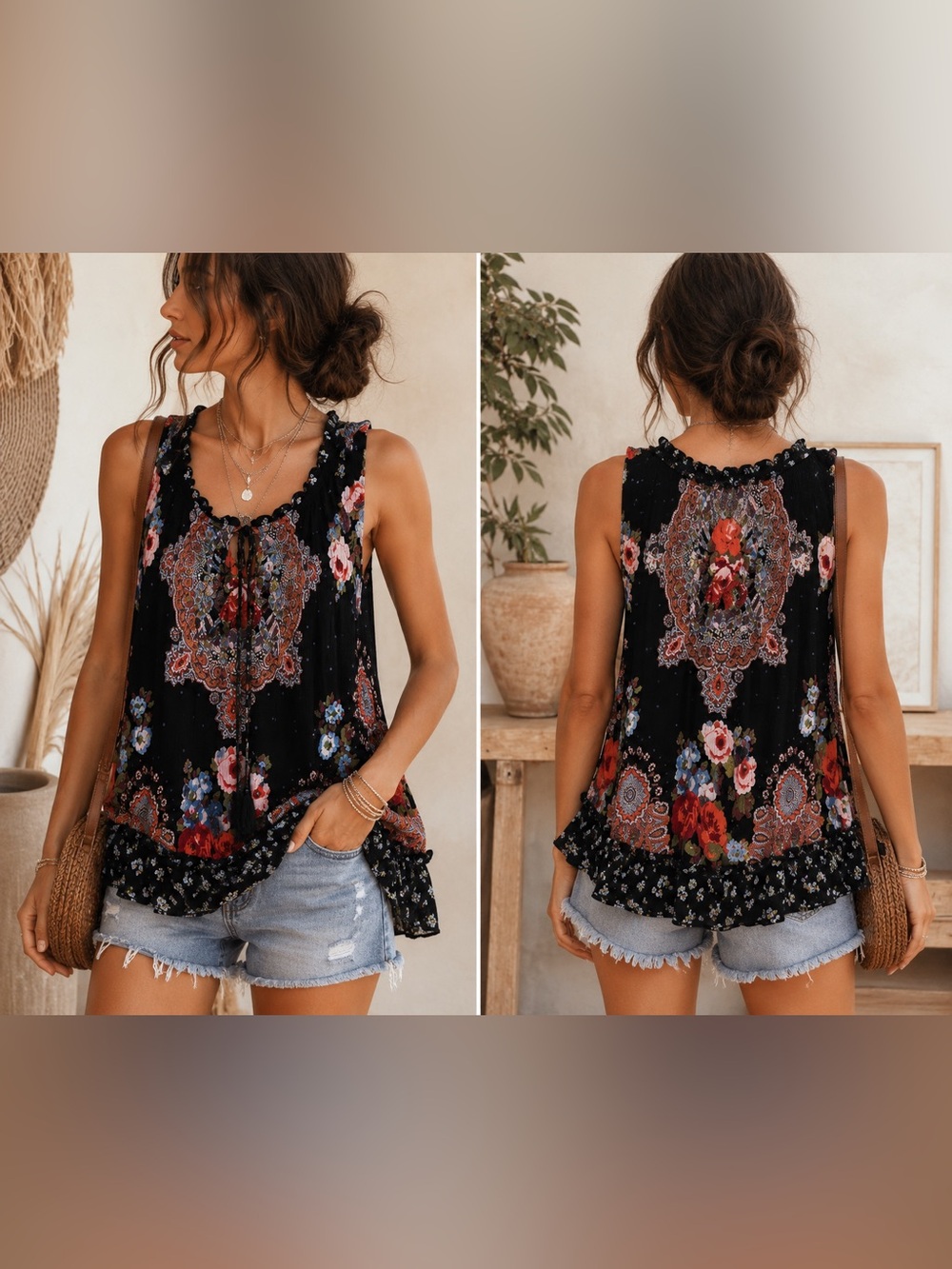 Bila Boho Floral Paisley Sleeveless Tank Top Ruffle Hem Tassel‎ Tie Size Small